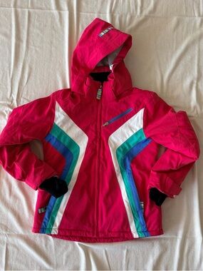 Obermeyer Kids Pink Hooded Puffer Jacket with Teal, Blue & White Accents